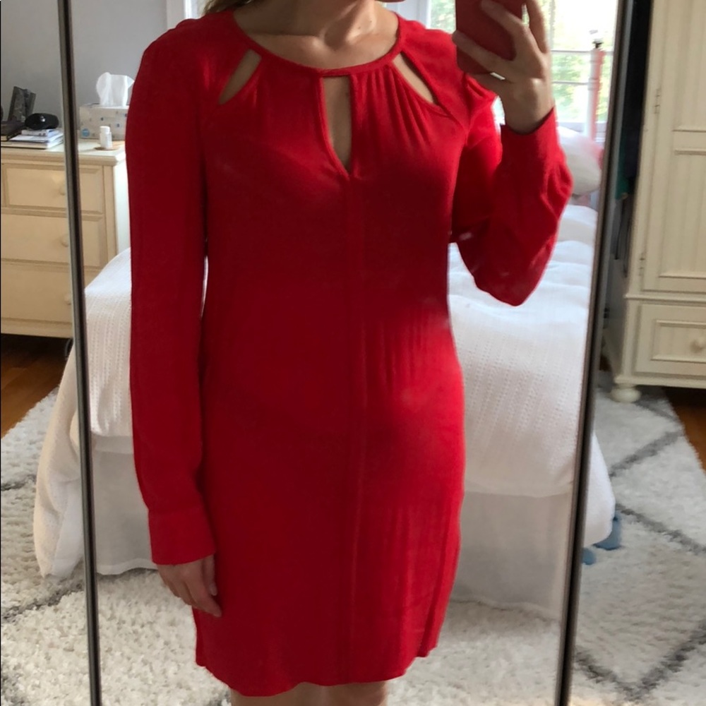 BCBG Max Azria red long sleeve dress w cut outs